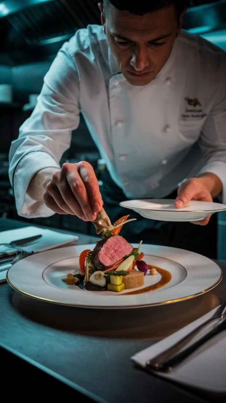 Chef en train de dresser une assiette gastronomique sophistiquée, avec une pièce de viande rose, des légumes colorés, et une sauce.