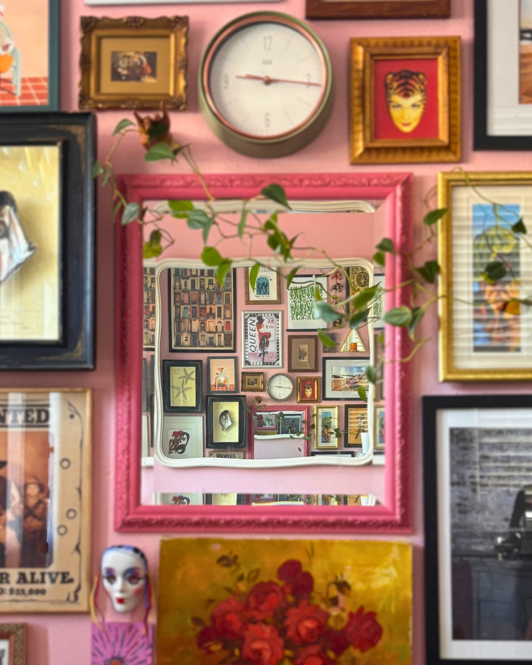 Gallery wall, pink wall, mirror, collection, curated