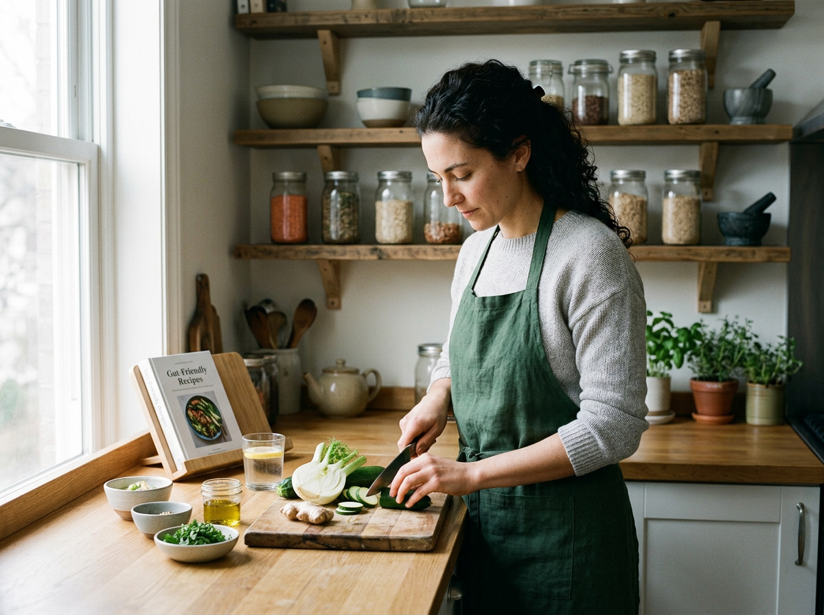 Woman preparing fresh vegetables in a bright kitchen