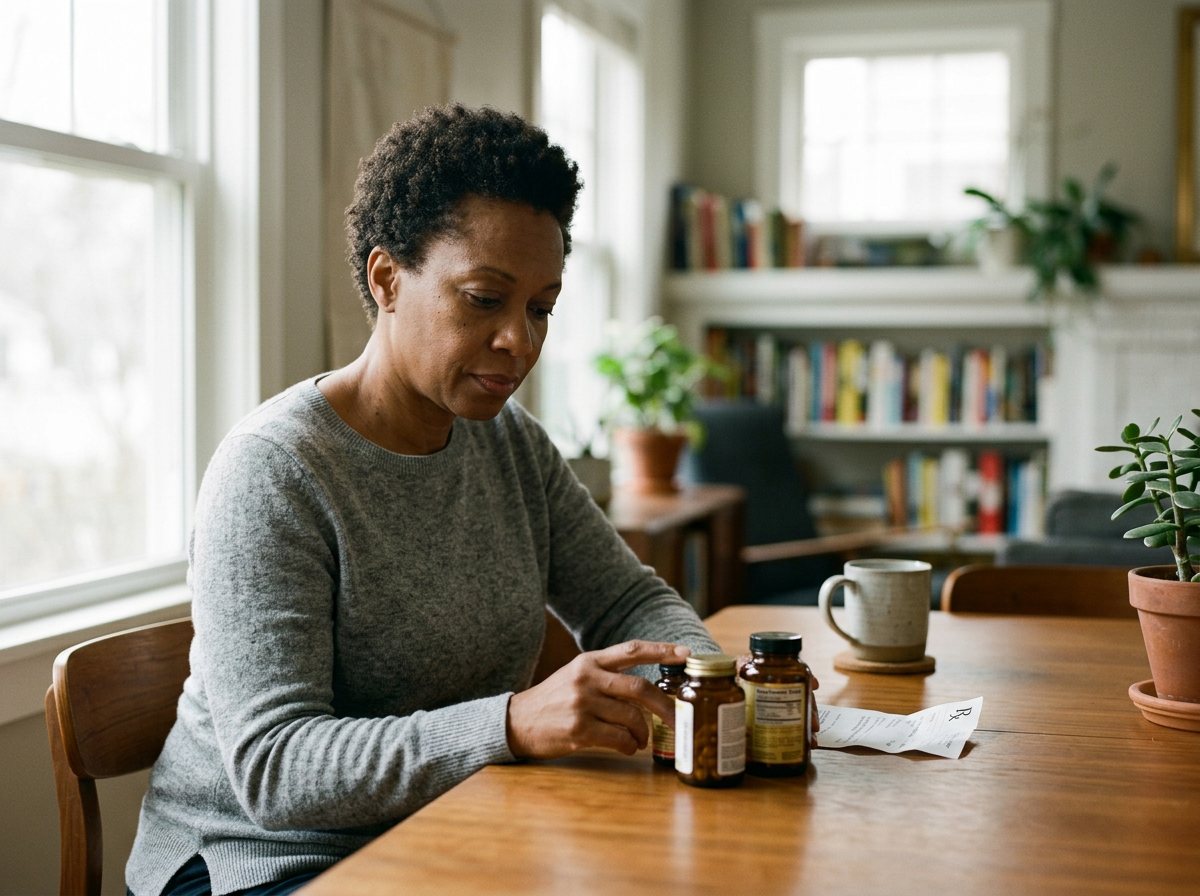 Woman at her kitchen table looking at supplement bottles