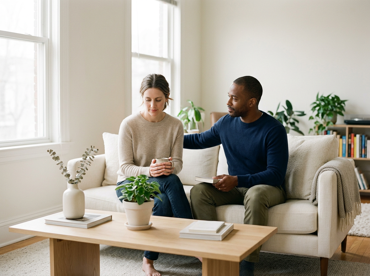 Couple sitting together on a sofa in their living room