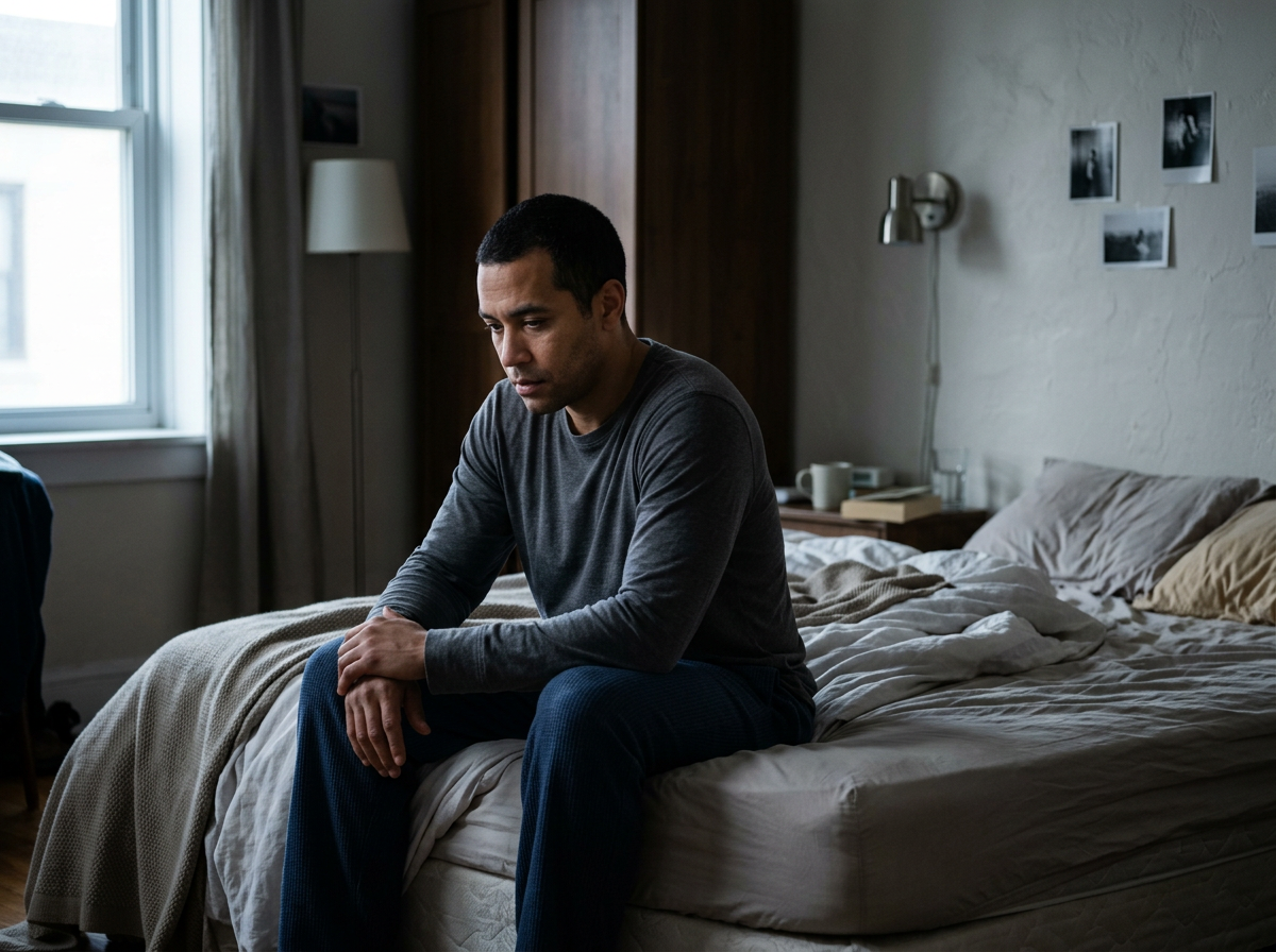 Man sitting on the edge of his bed, looking tired