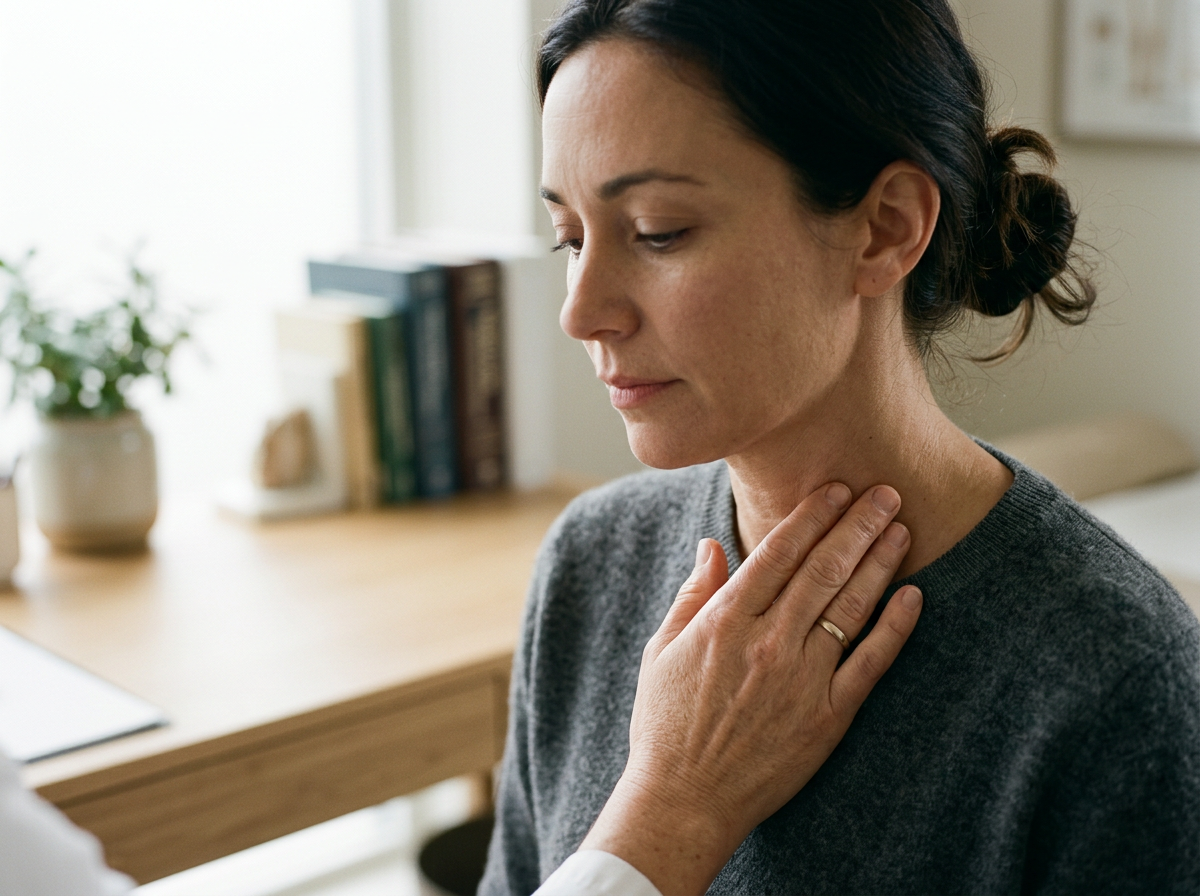 Woman with her hand resting at the front of her neck, near the thyroid