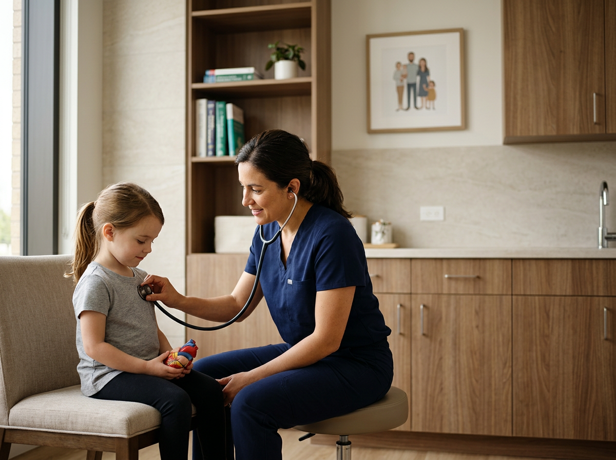 Child having her heartbeat checked with a stethoscope