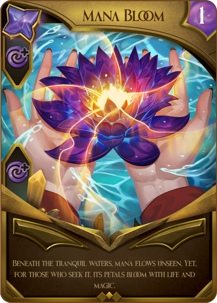 A fantasy-themed card titled "Mana Bloom" featuring illustrated hands holding a glowing purple and gold flower over water. The card has mystical symbols, colors, and text, suggesting magical properties.