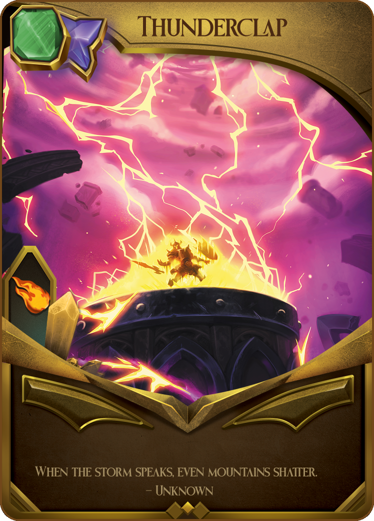 Fantasy card featuring "Thunderclap" with a vibrant lightning storm scene and a warrior on a platform, surrounded by purple clouds and electric energy.