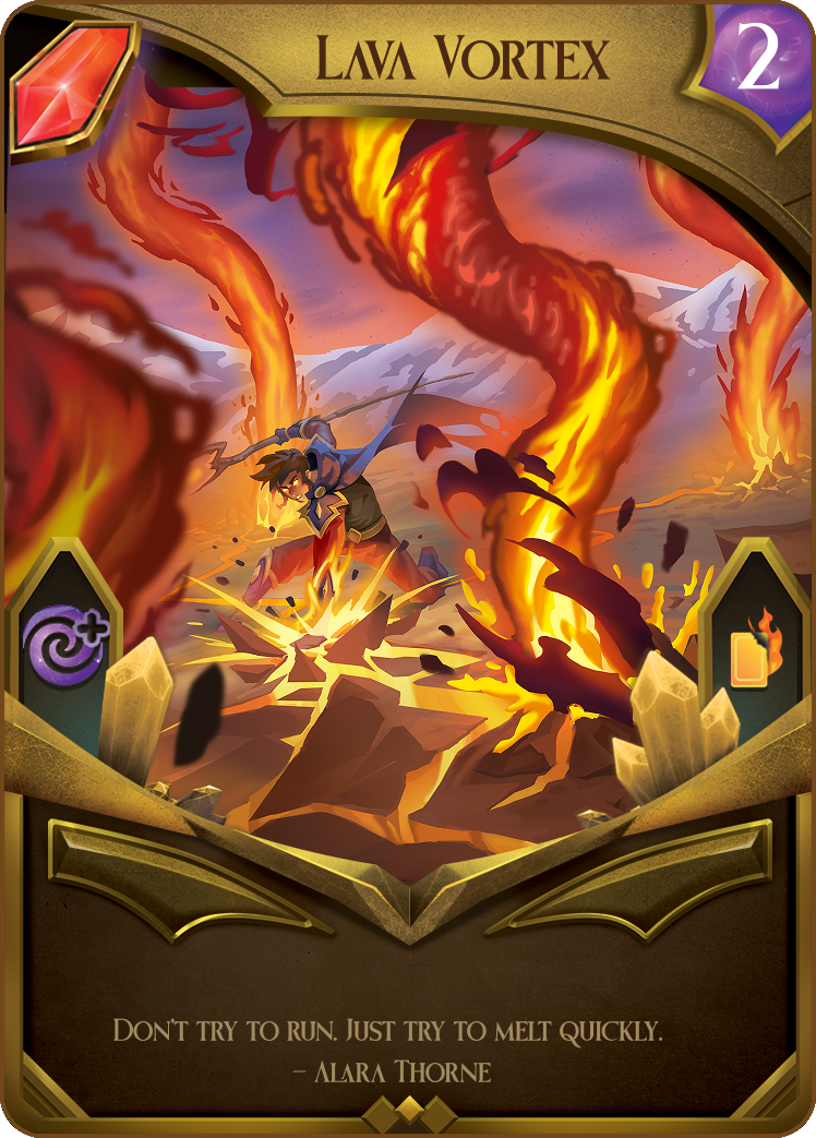 Fantasy card featuring a dynamic image of a warrior in a lava vortex, surrounded by flames and rocky terrain. The card is titled "Lava Vortex" and includes text and symbols indicating gameplay attributes.