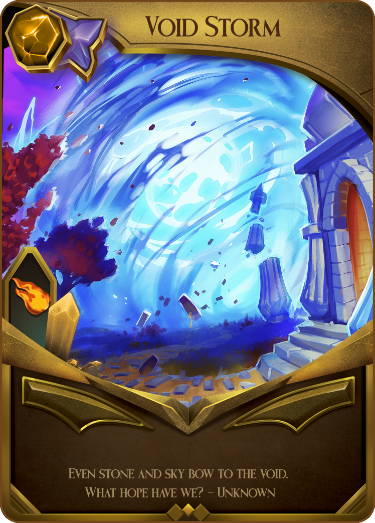 Fantasy card depicting a swirling blue void, trees, a staircase, and a glowing sky. Title "Void Storm" with quote.