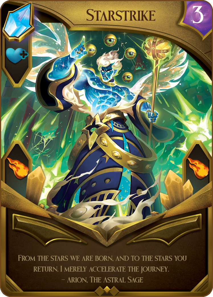 Fantasy card featuring a mystical, blue-skinned wizard casting a spell with glowing eyes and holding a staff, surrounded by stars and magical energy. The card is titled 'Starstrike' and includes a celestial theme with symbols for health and damage.