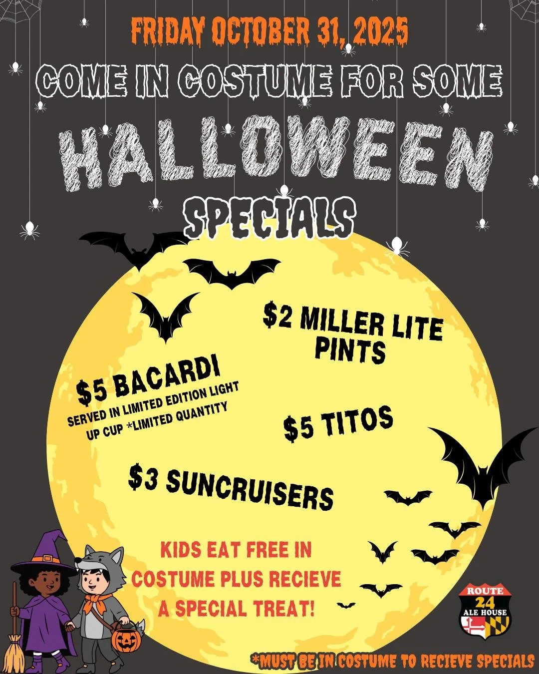 Making plans for Halloween this Friday? Be sure to stop by in costume and enjoy some spooktacular specials!

🧙&zwj;♀️ Kids in Costume Eat FREE!
Plus, they&rsquo;ll get a special treat from us! Bring them in before trick-or-treating (or swing by afte
