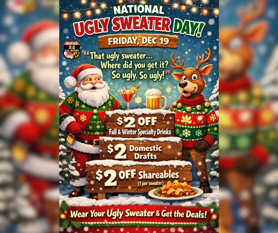 🎄 National Ugly Sweater Day: Friday, Dec 19 🎄
Come join us Friday!

🎶 &ldquo;That ugly sweater&hellip; where did you get it?
So ugly. So ugly.&rdquo; 🎶 😂

🧶 Wear an Ugly Sweater, and get some special perks:
🍸 $2 off our speciality cocktail men