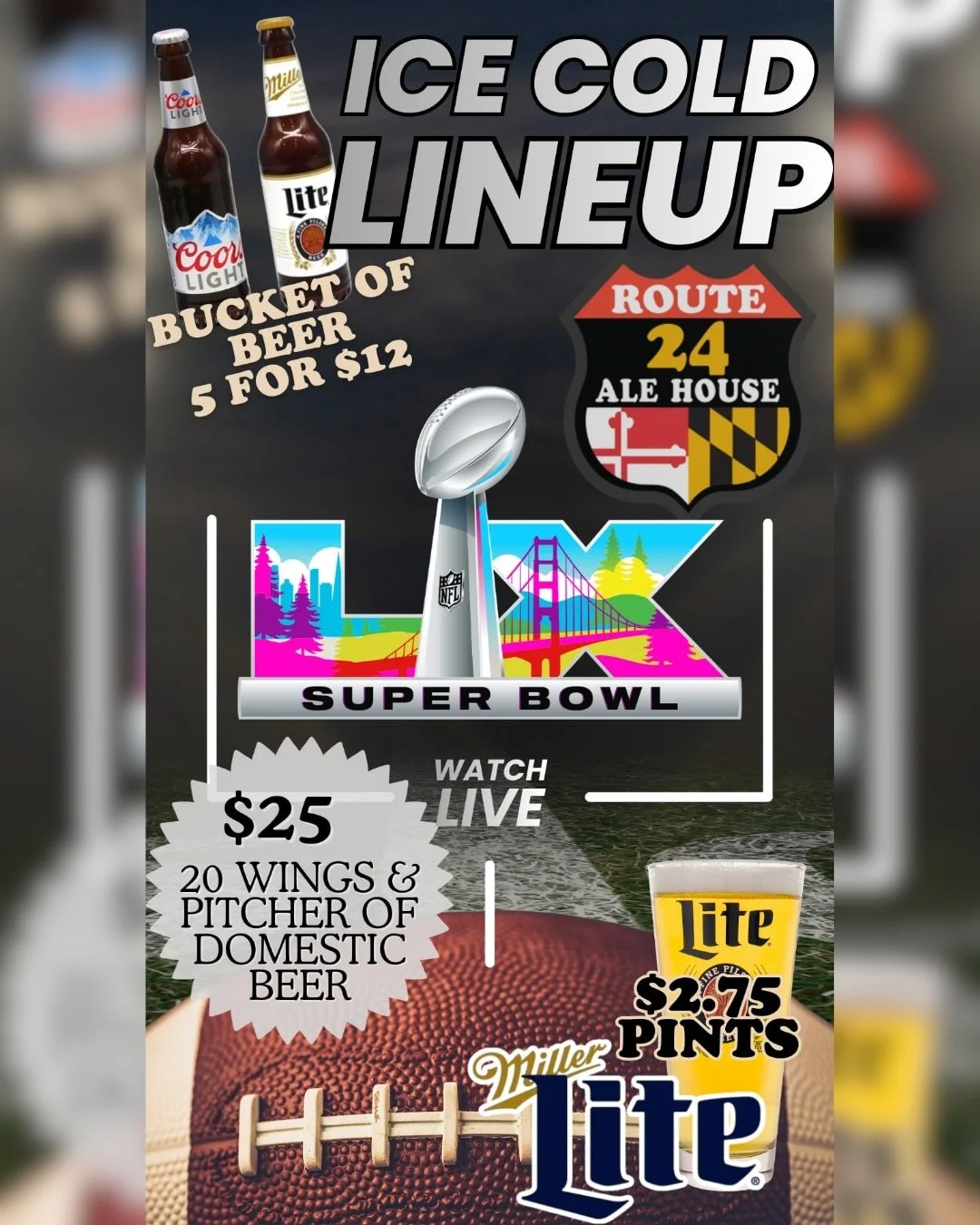 Super Bowl plans? Consider them handled. 🏈

Dine in with us or let Route 24 Ale House cater your couch-side watch party! 

Sure, the Flock might not be playing&hellip; but we&rsquo;re still bringing the Ravens-style game day energy (and way better f