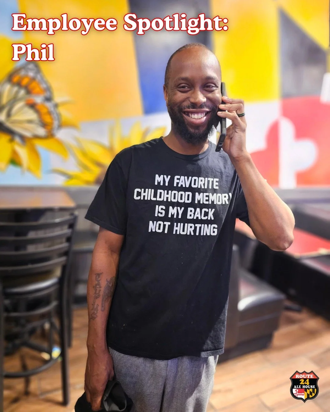 Meet our heart of the kitchen, Phil! He started back in 2019 and keeps us smiling with the funny shirts he wears to work! His favorite Route 24 meal is a cheesesteak!