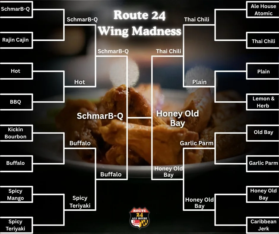 This is it! This is for all the marbles! Our final round of the Route 24 Wing Madness has arrived. 

So, what's it going to be? SchmarB-Q or Honey Old Bay?