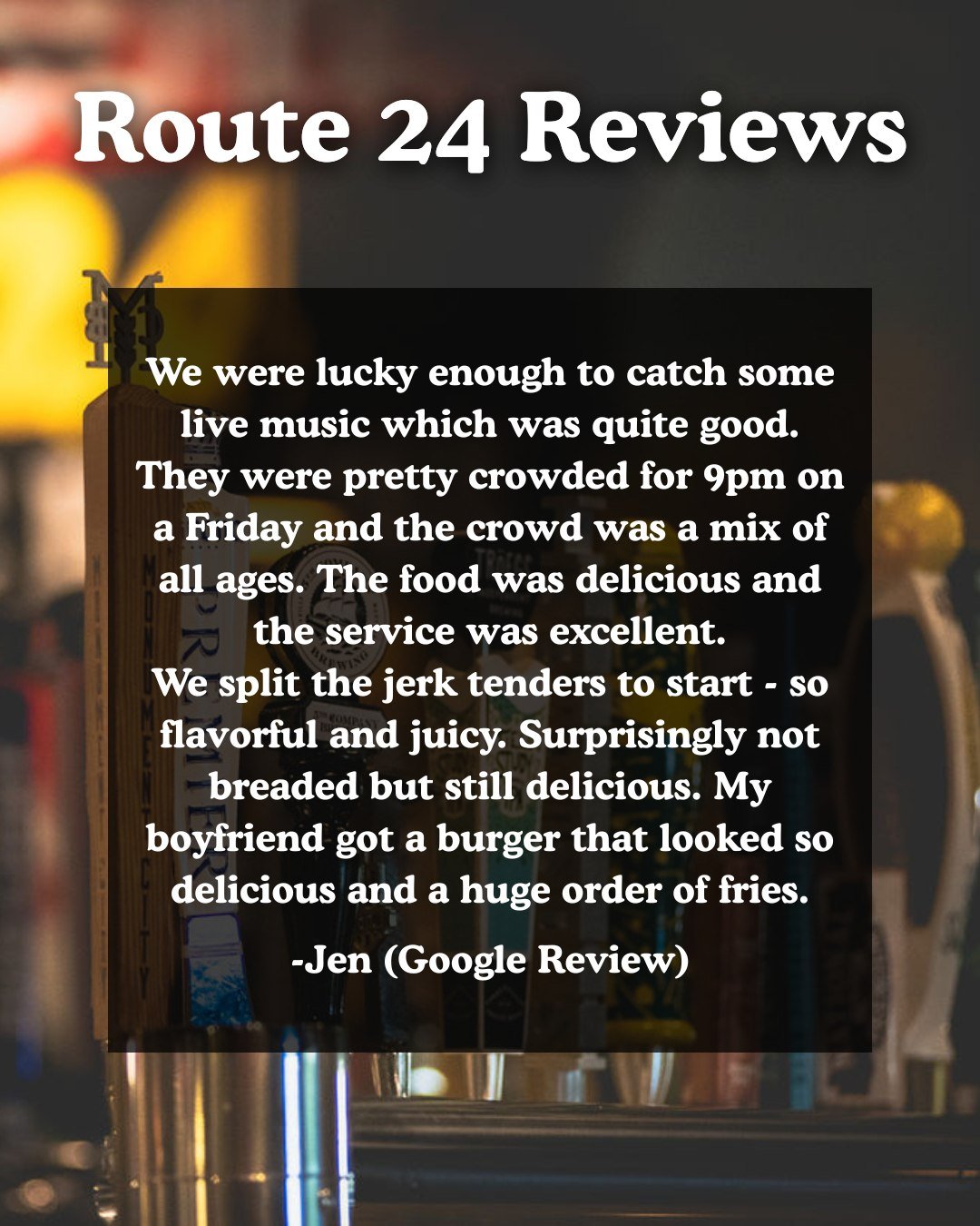 If you had a good time here, don&rsquo;t keep it a secret.
Leave Route 24 Ale House a review on Google, Facebook, or Yelp.
We appreciate the feedback.