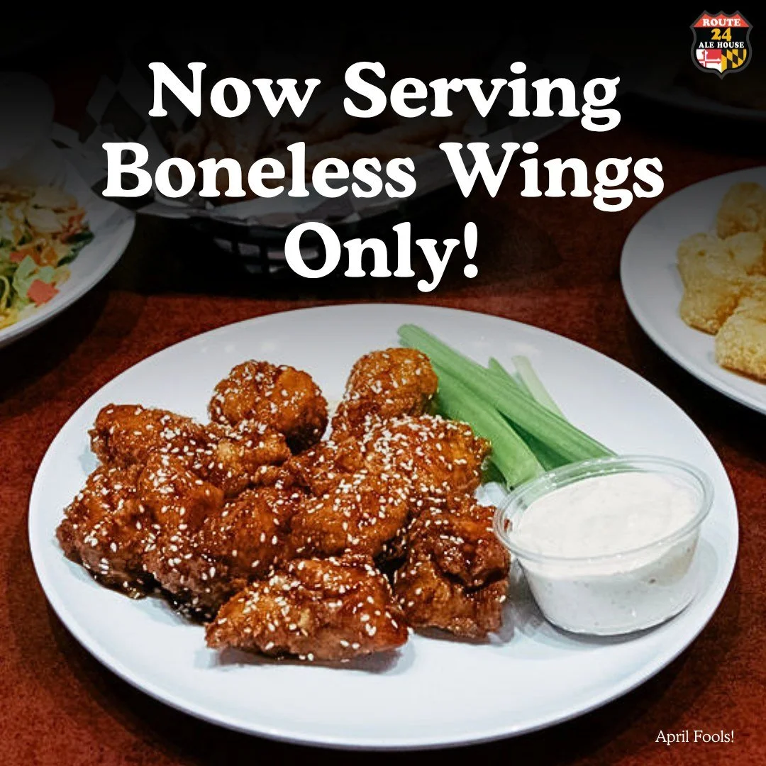 After much thought and consideration, we've decided to stick to just 1 kind of wing...boneless! No more bones to get in the way of chowing down. You're welcome!
Blue cheese will also be the default.

April Fools!