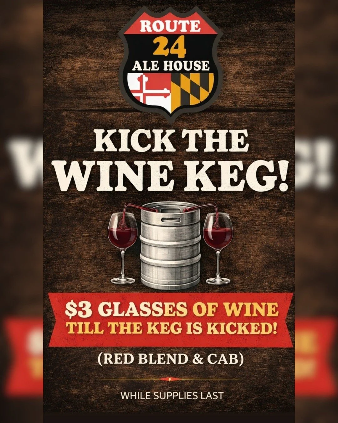 🚨🍷 KICK THE WINE KEG! 🍷🚨
We&rsquo;re switching some things up behind the bar, and switching to wine bottles so we need YOUR help finishing off the wine kegs! 👀

👉 $3 glasses of wine
👉 Red Blend &amp; Cab ONLY
👉 Until the keg is GONE

⏳ While 