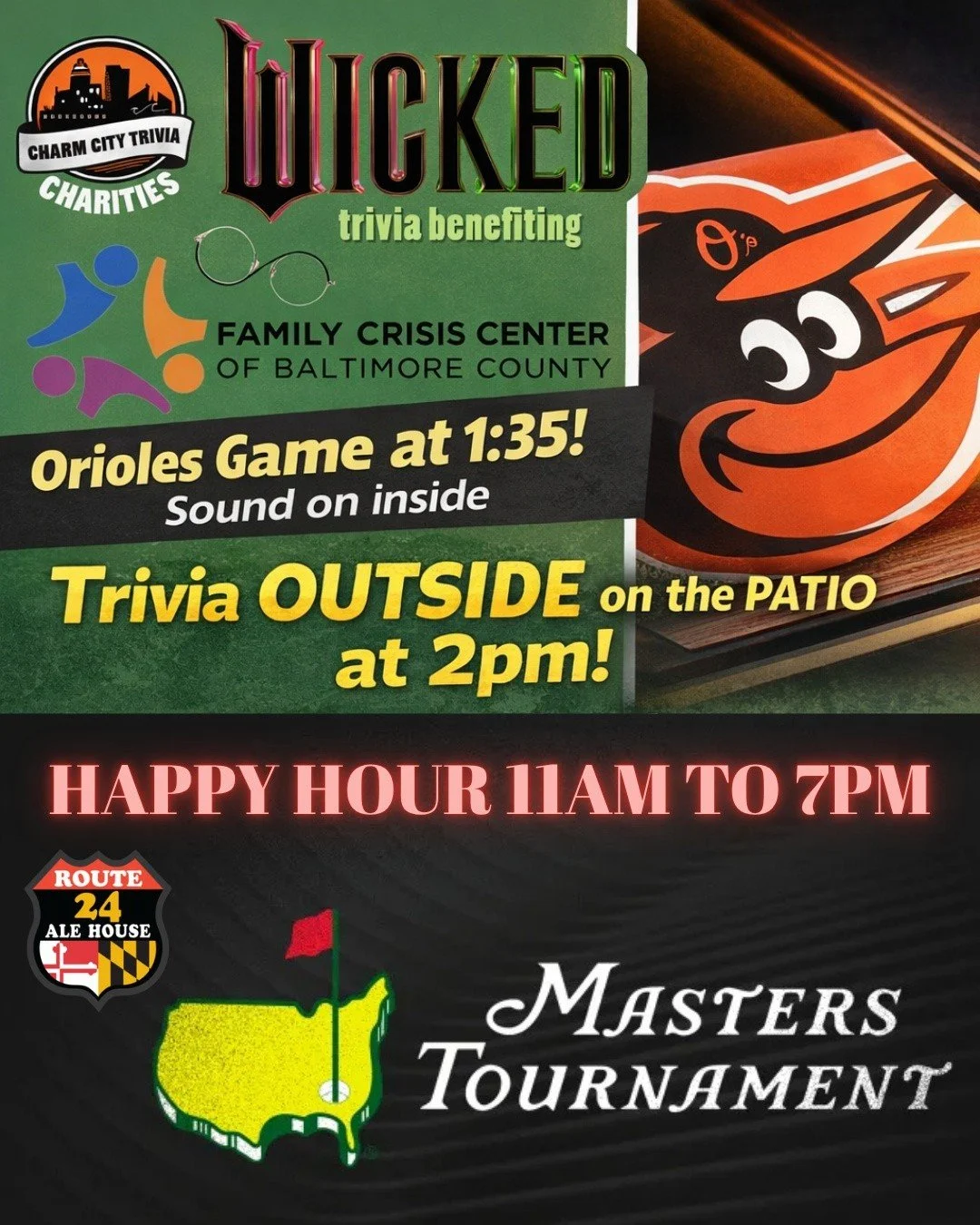 Sunday plans = LOCKED 🔒

⚾ Orioles Game at 1:35 (sound on inside!)
🧙&zwj;♀️ Wicked Trivia on the patio at 2pm
🍻 Happy Hour 11am&ndash;7pm
⛳ Masters Tournament!