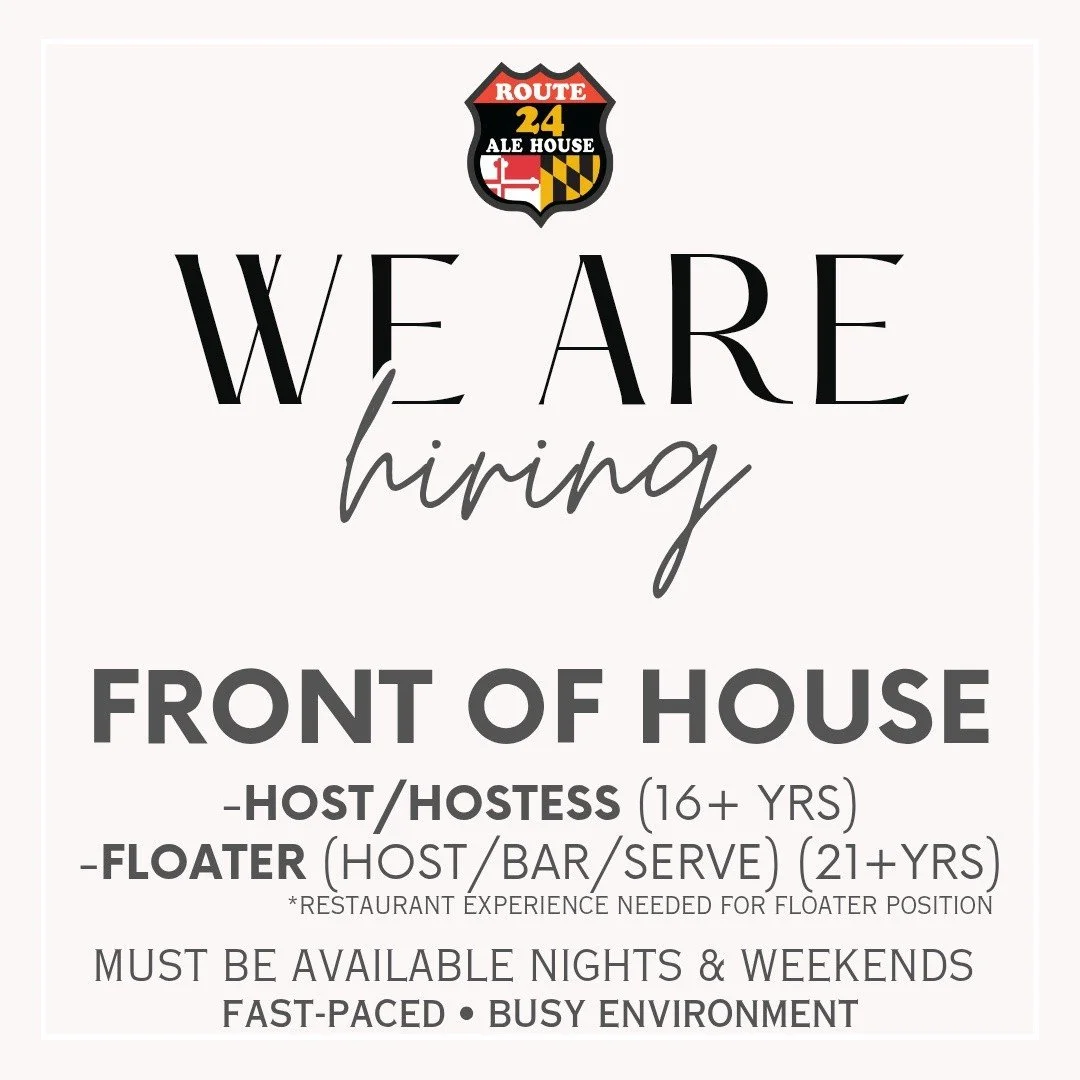 We&rsquo;re hiring at Route 24 Ale House! 🍻

Looking to join a fast-paced, fun team? We&rsquo;re currently hiring for front of house positions:

&bull; Part-time Host/Hostess (16+)
&bull; Floater (21+ | restaurant experience required)

Must be avail