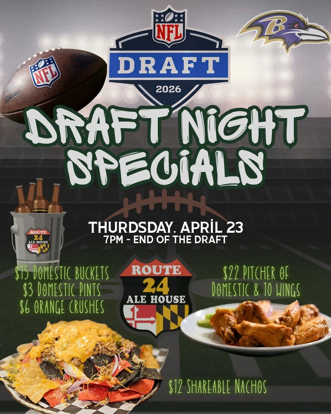 🟣 It&rsquo;s Round 1 of the NFL Draft 🏈 

Drink specials. Nachos. Wing Combos. &amp; Big picks!
Pull up, rep your team, and let's see who we're bringing to the Flock! 👀🏈