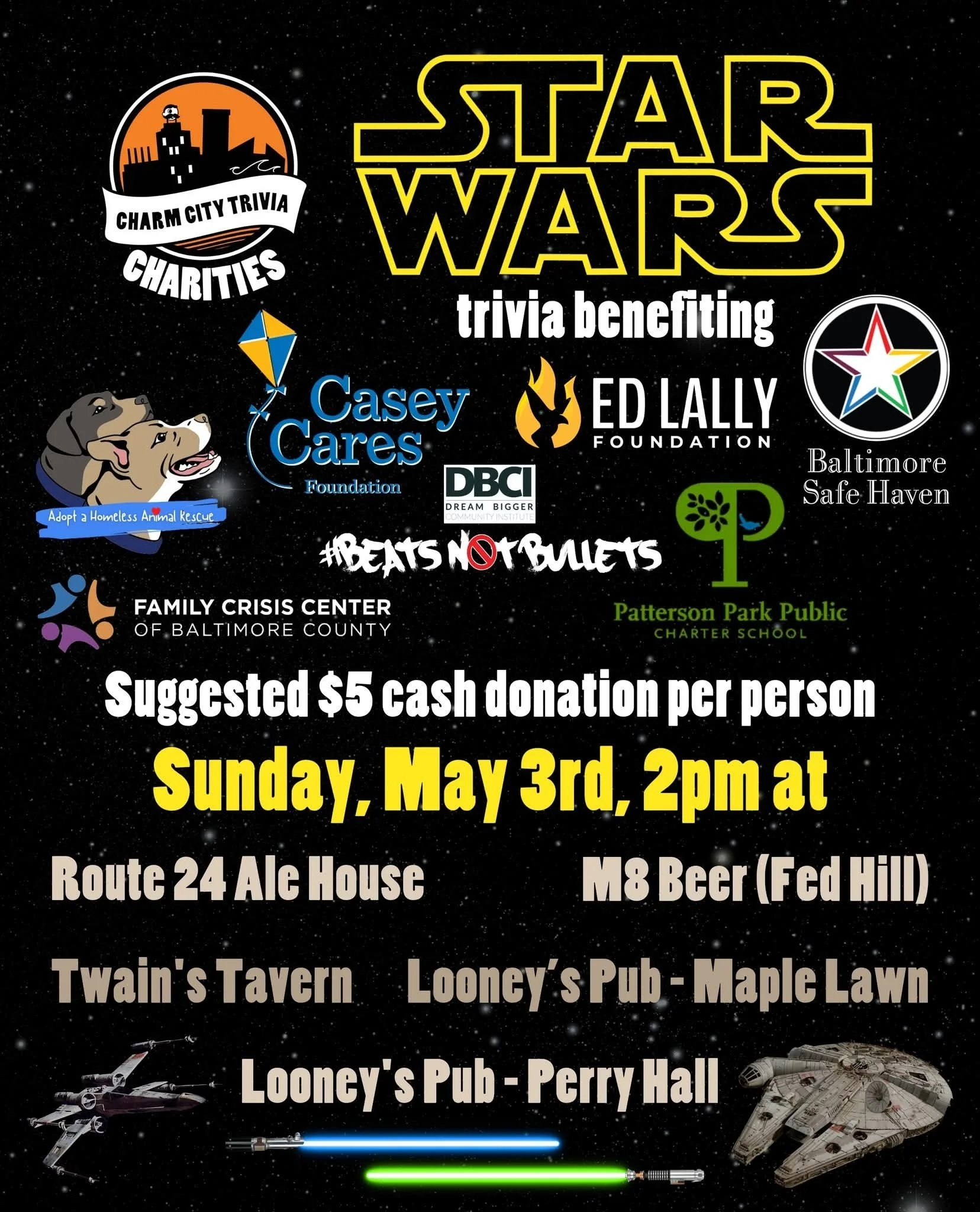 The Force is strong this Sunday ✨

Join us for Star Wars Trivia for a great cause - Sunday, May 3rd at 2PM!

🧠 Trivia on the climate-controlled patio
⚾ Orioles game on inside with sound