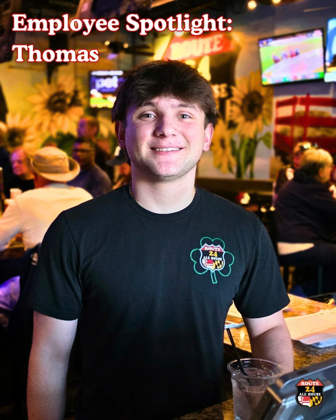 This week's employee spotlight goes to Thomas! He's been running around and hosting at Route 24 since November of 2024, and his favorite meal is the Kickin' Bourbon Boneless Wings!