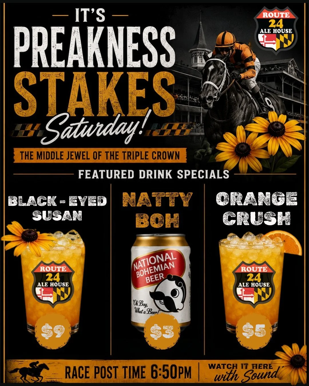 Trot on over (see what we did there?), the Preakness Stakes is on today!

Enjoy featured drink specials at Route 24 like the Preakness classic, Black-Eyed Susan, and watch the race with sound while cheering on your favorite horse. 🐎