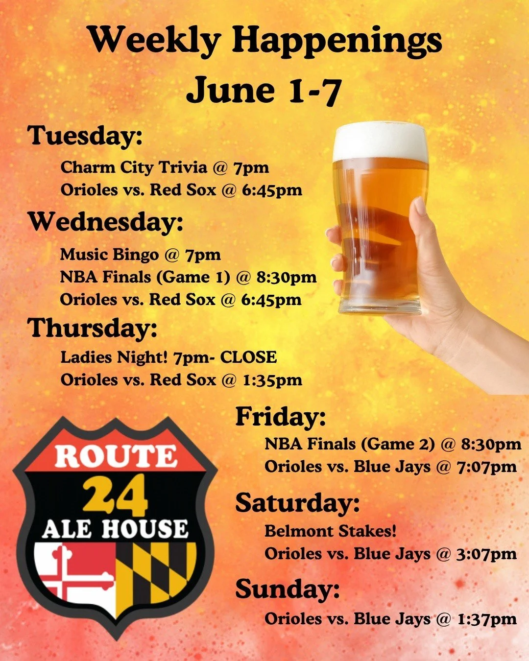 Here's what's happening this week at Route 24 Ale House!

#rt24ah #harfordcountymd #yourfavsportsbar #happenings
