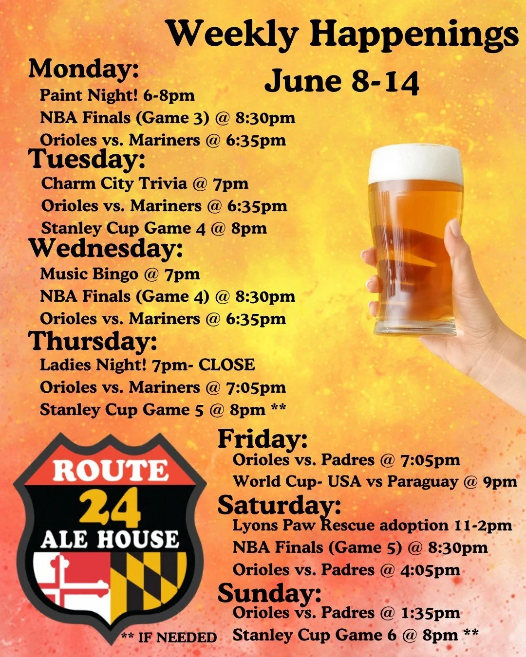 Here's what's happening this week at Route 24 Ale House!

#rt24ah #harfordcountymd #yourfavsportsbar #happenings