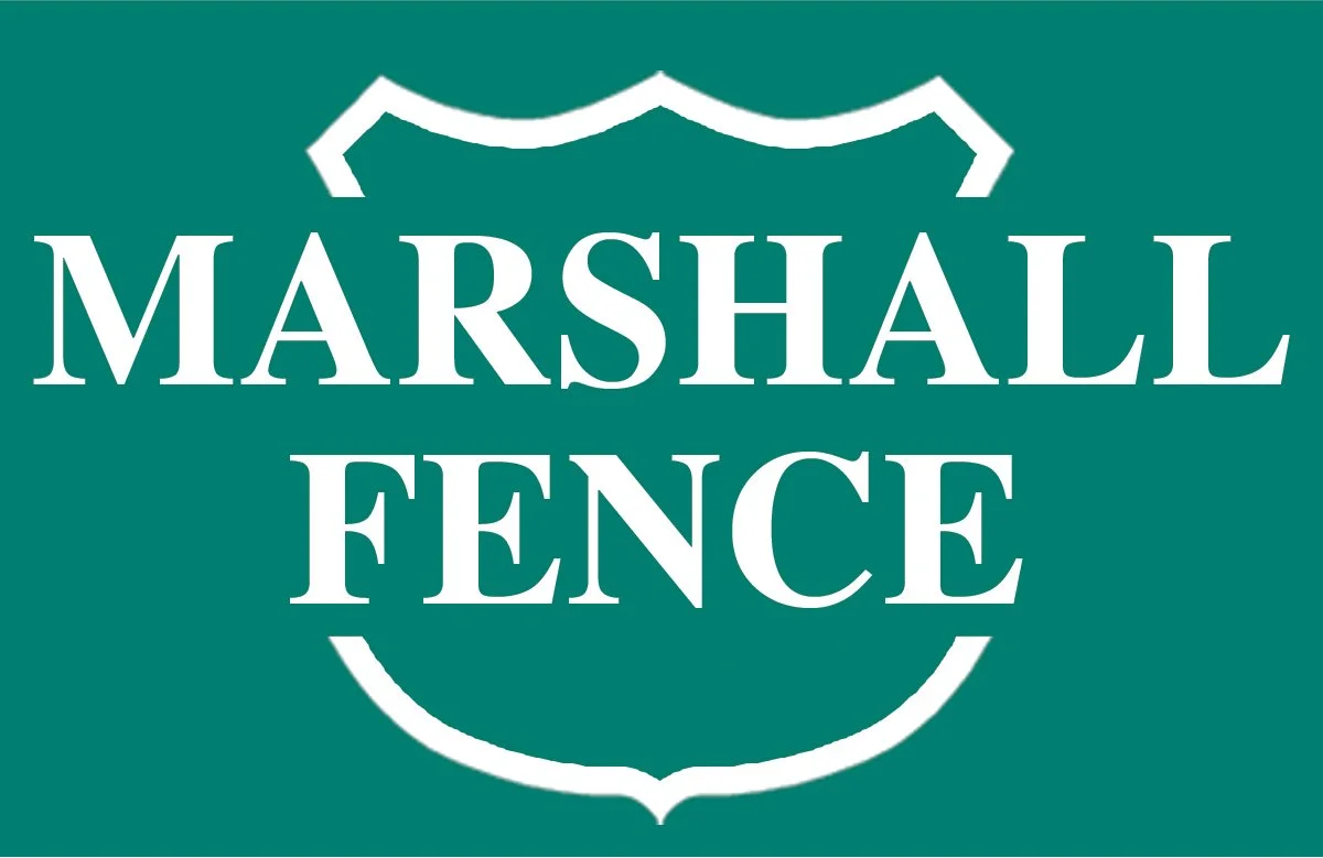 Marshall Fence company logo featuring white text on a green background, styled within a white shield outline.