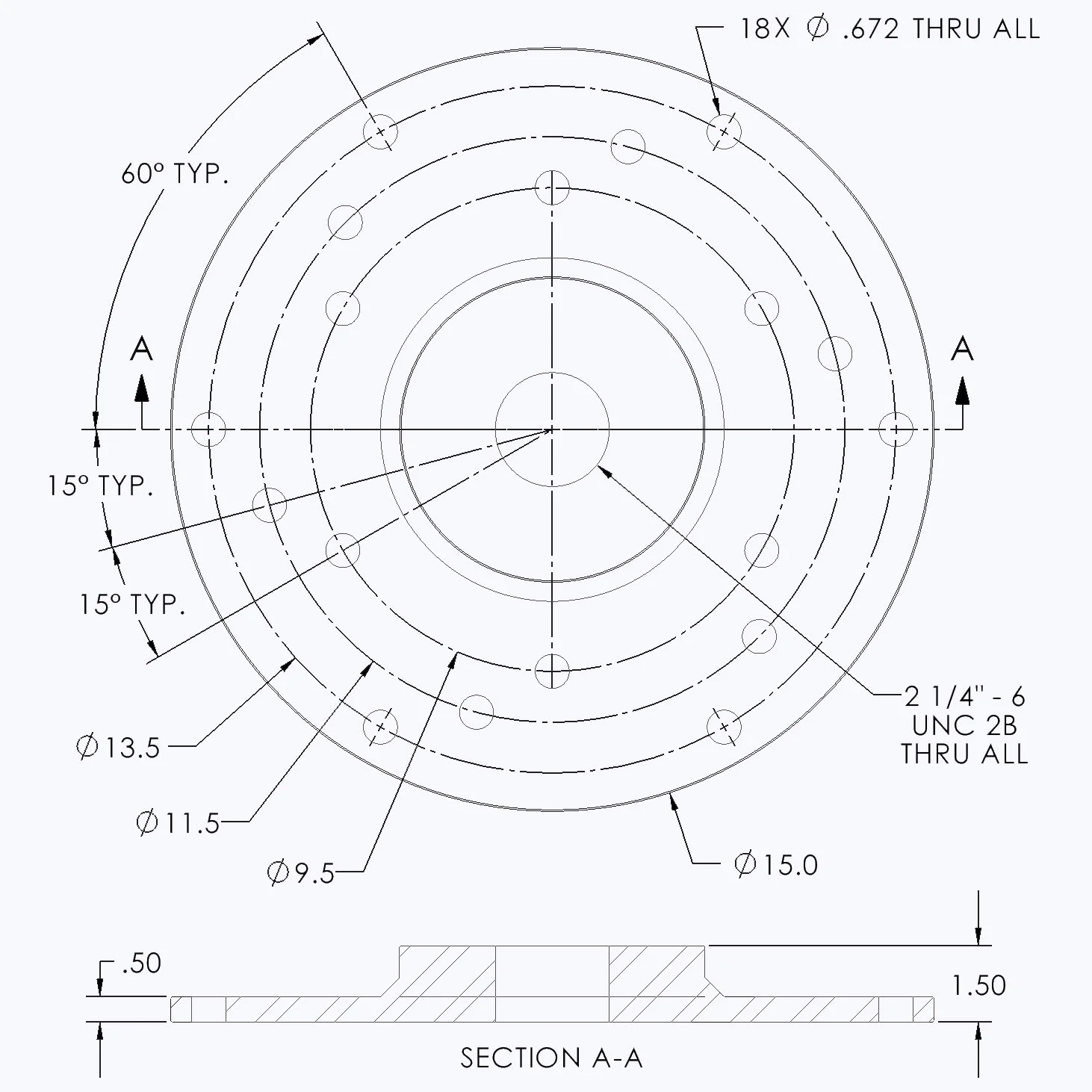 Technical engineering drawing of an Adapter Plate with multiple holes of varying diameters, specifications, and angles.