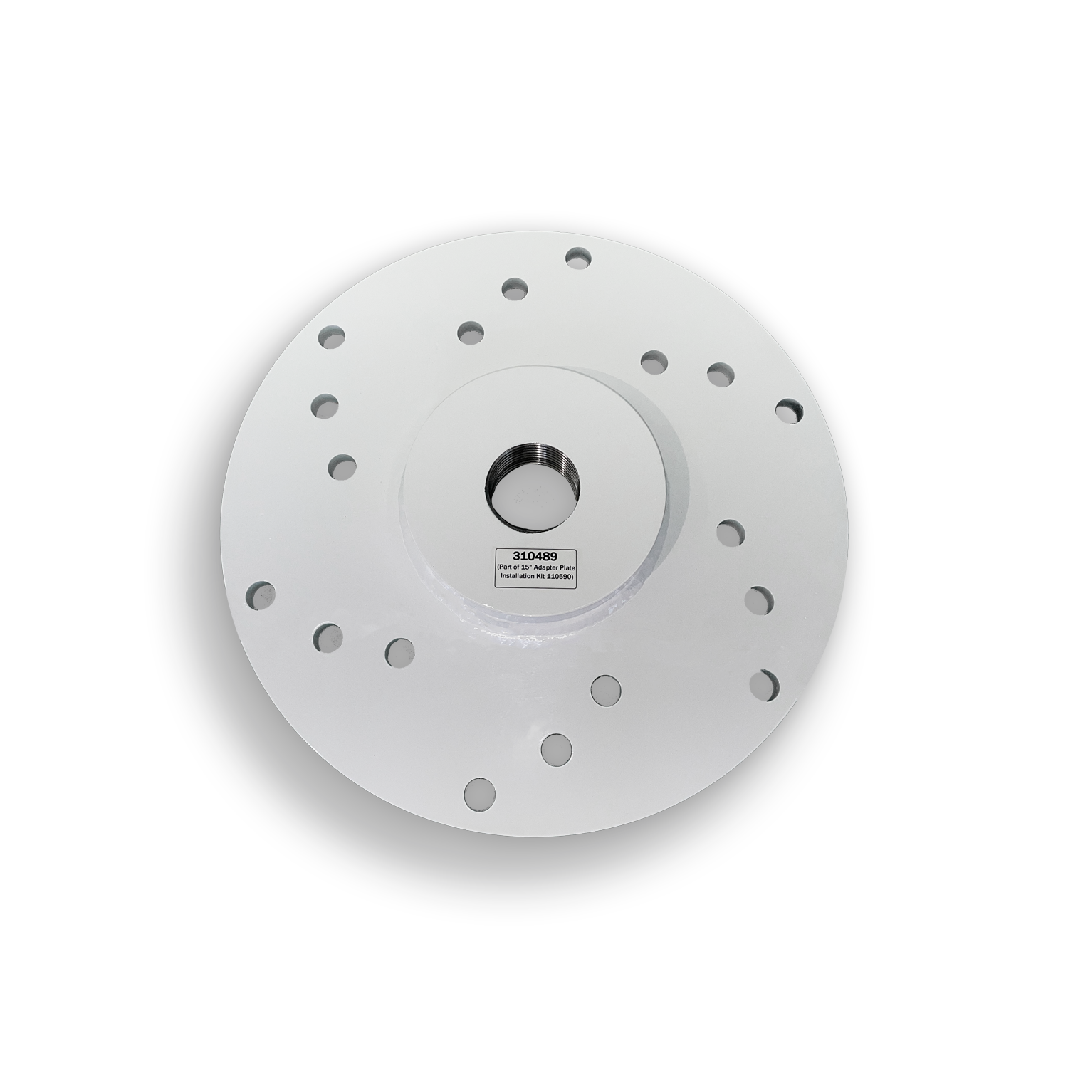 Adapter Plate, a circular, white metal plate with multiple holes around its perimeter, with a central threaded hole and a label indicating part number 310489.