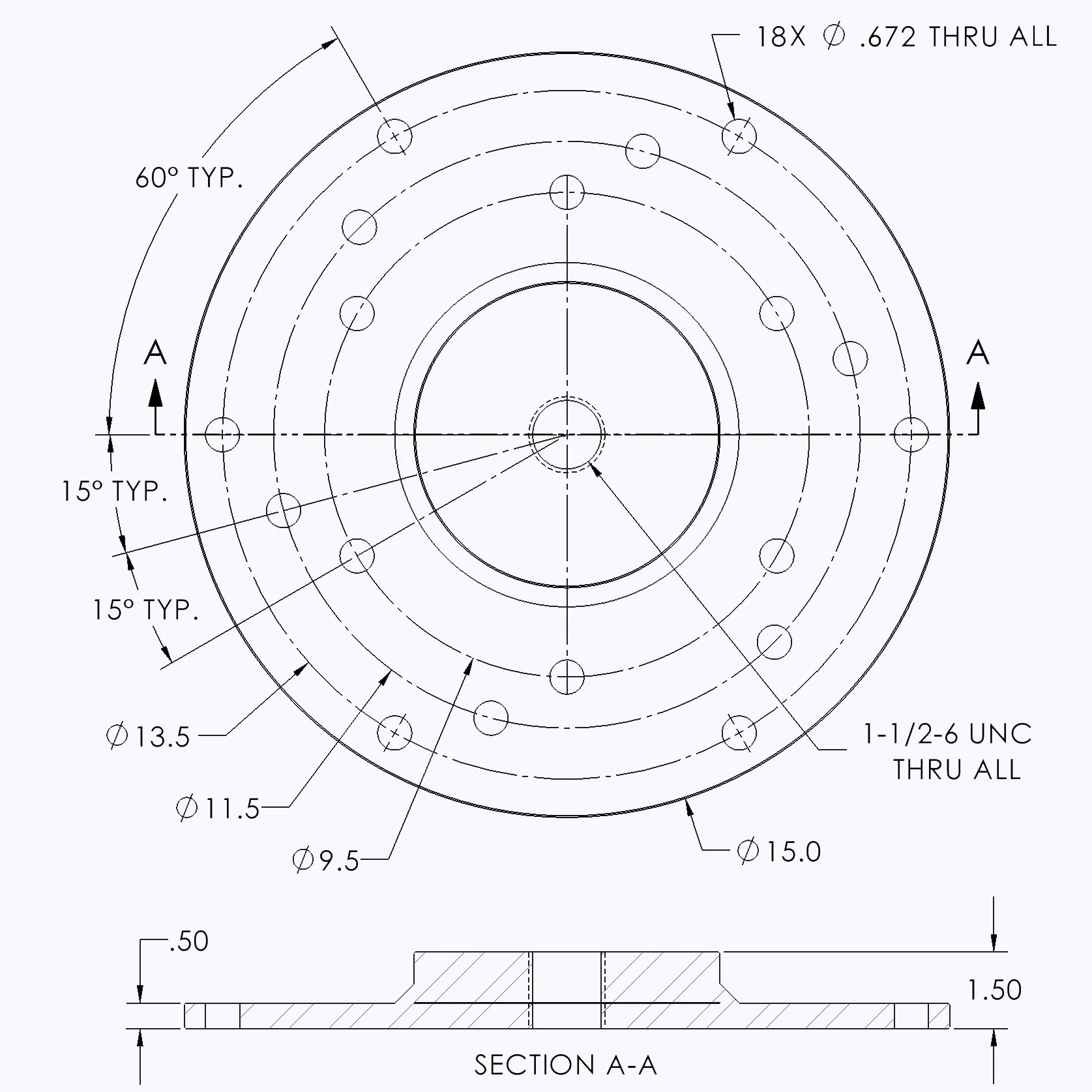 Technical engineering drawing of an Adapter Plate with multiple holes of varying diameters, specifications, and angles.