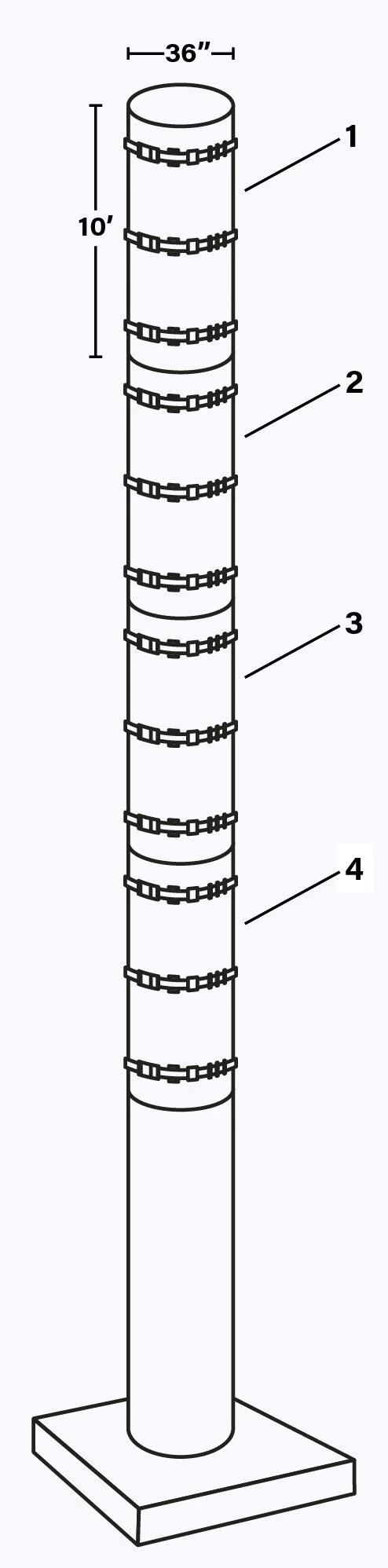 Diagram of a cell tower with measurement indicators, featuring multiple horizontal WindBands and a flat base, labeled with numbers 1 through 4.
