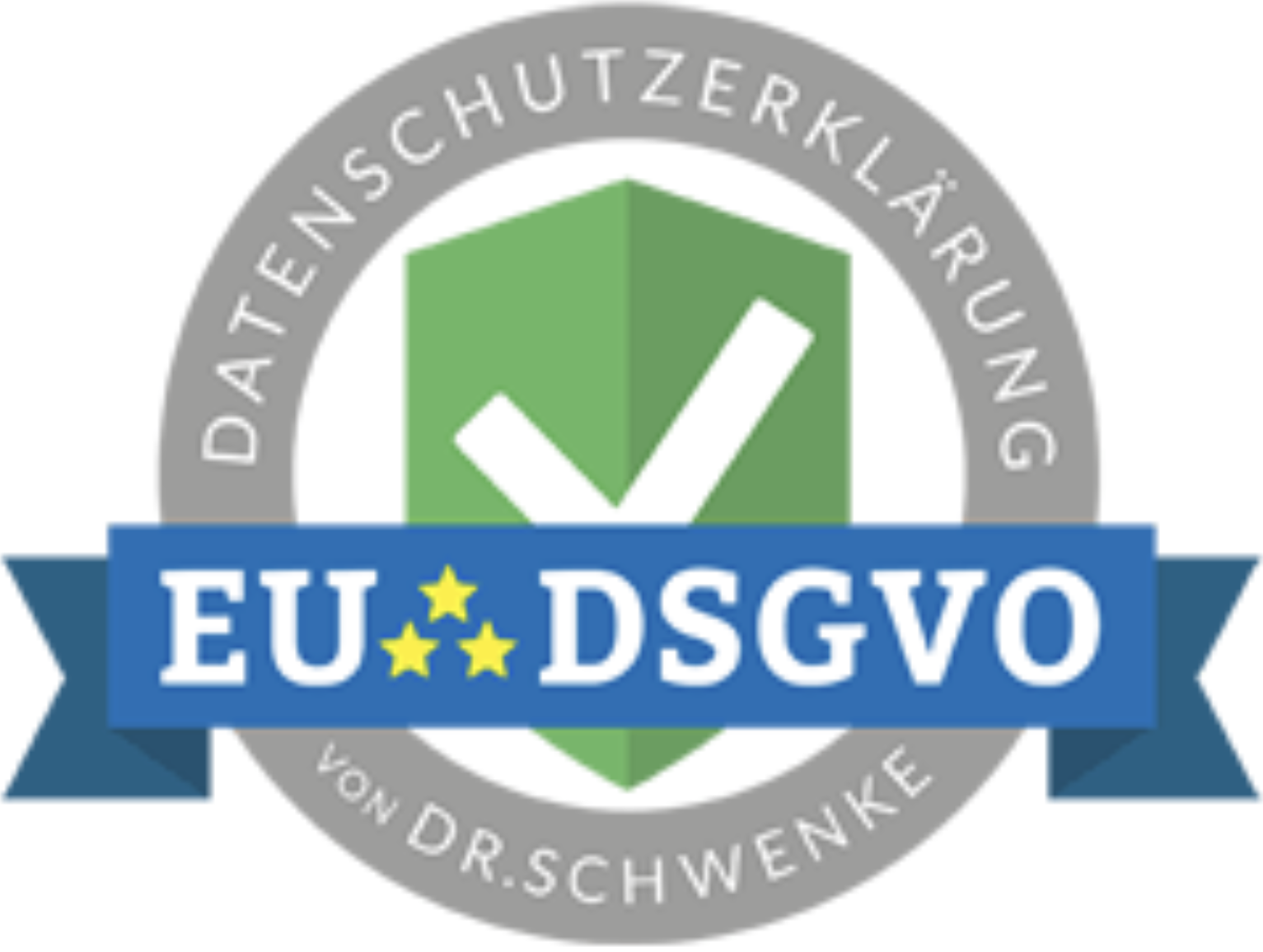 Das Logo der EU-DSGVO-Zertifizierung mit einem grünen Quader, einem weißen Häkchen und blauen Banner mit der Aufschrift "EU-DSGVO".