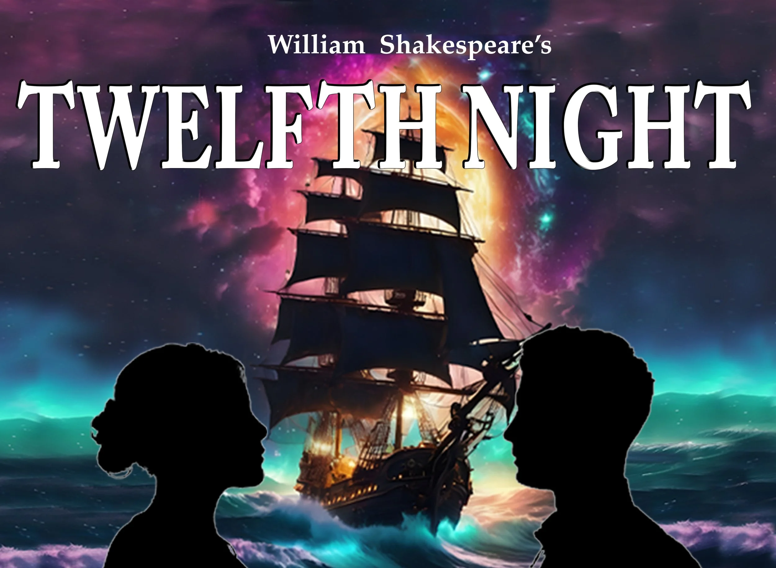 illustration of a man and woman silhouetted looking at each other with the image of a large boat between them and the words Twelfth Night at the top