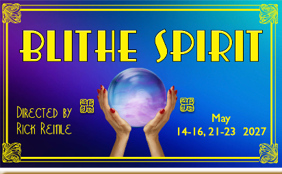 Crystal ball held by two hands with red nail polish and the words blithe spirit in yellow
