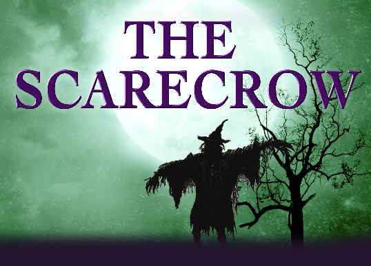 Green scary sky with a scarecrow silhouette and tree with the words The Scarecrow in purple.