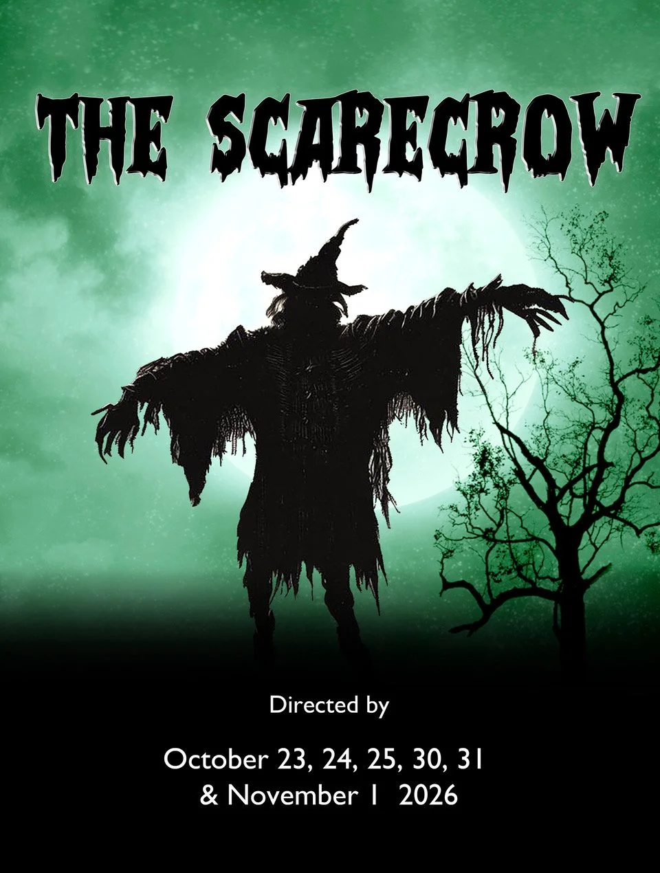 illustration of a silhouetted scarecrow against a green sky with scary font letters The Scarecrow