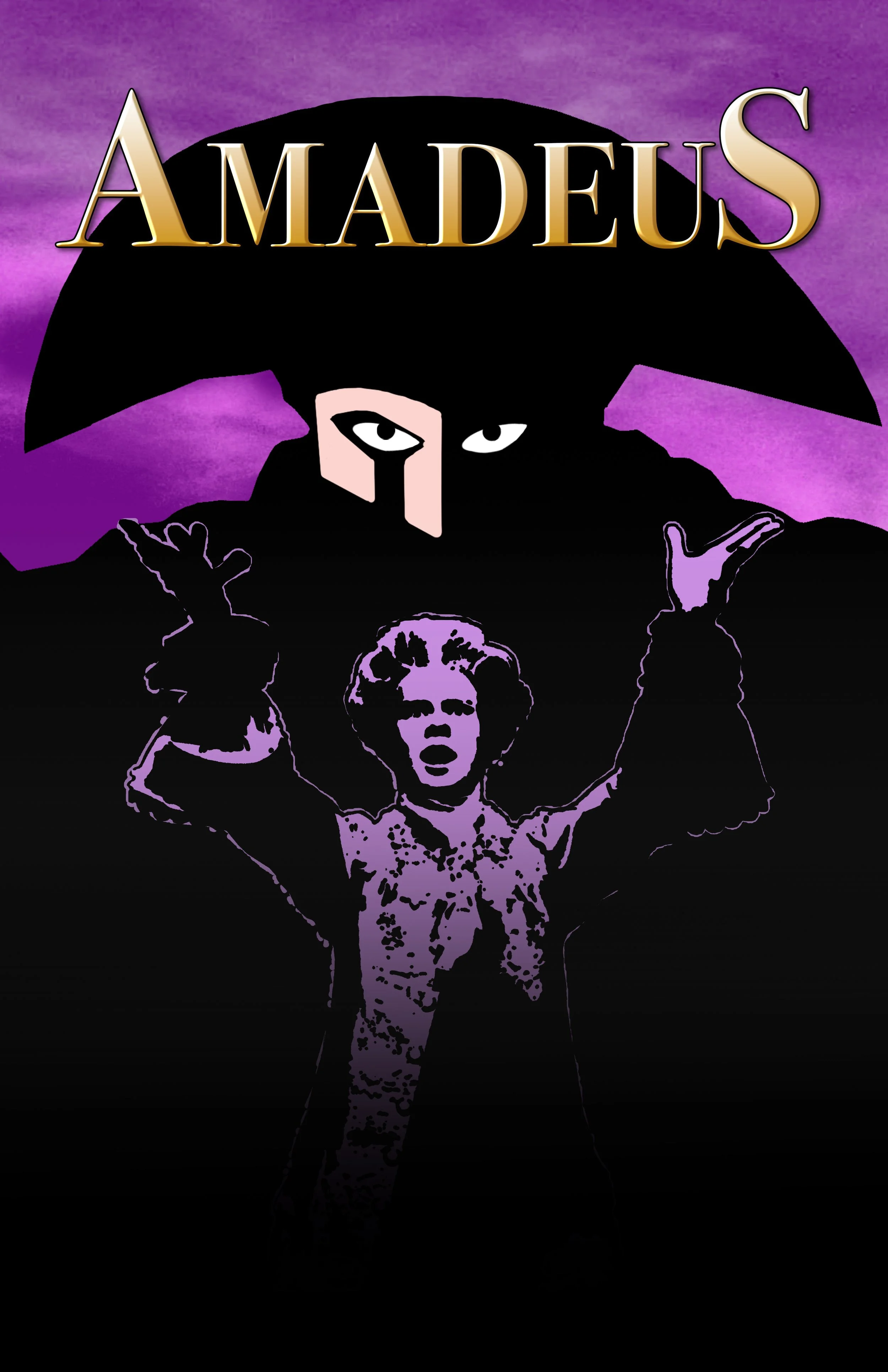 Gold letters of Amadeus on top of a scary figure with Mozart superimposed on top of his black figure