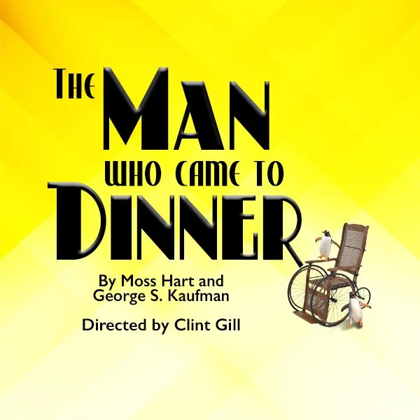 yellow background with "The Man Who Came to Dinner" in black lettering. A wheelchair with penguins surrounding. 