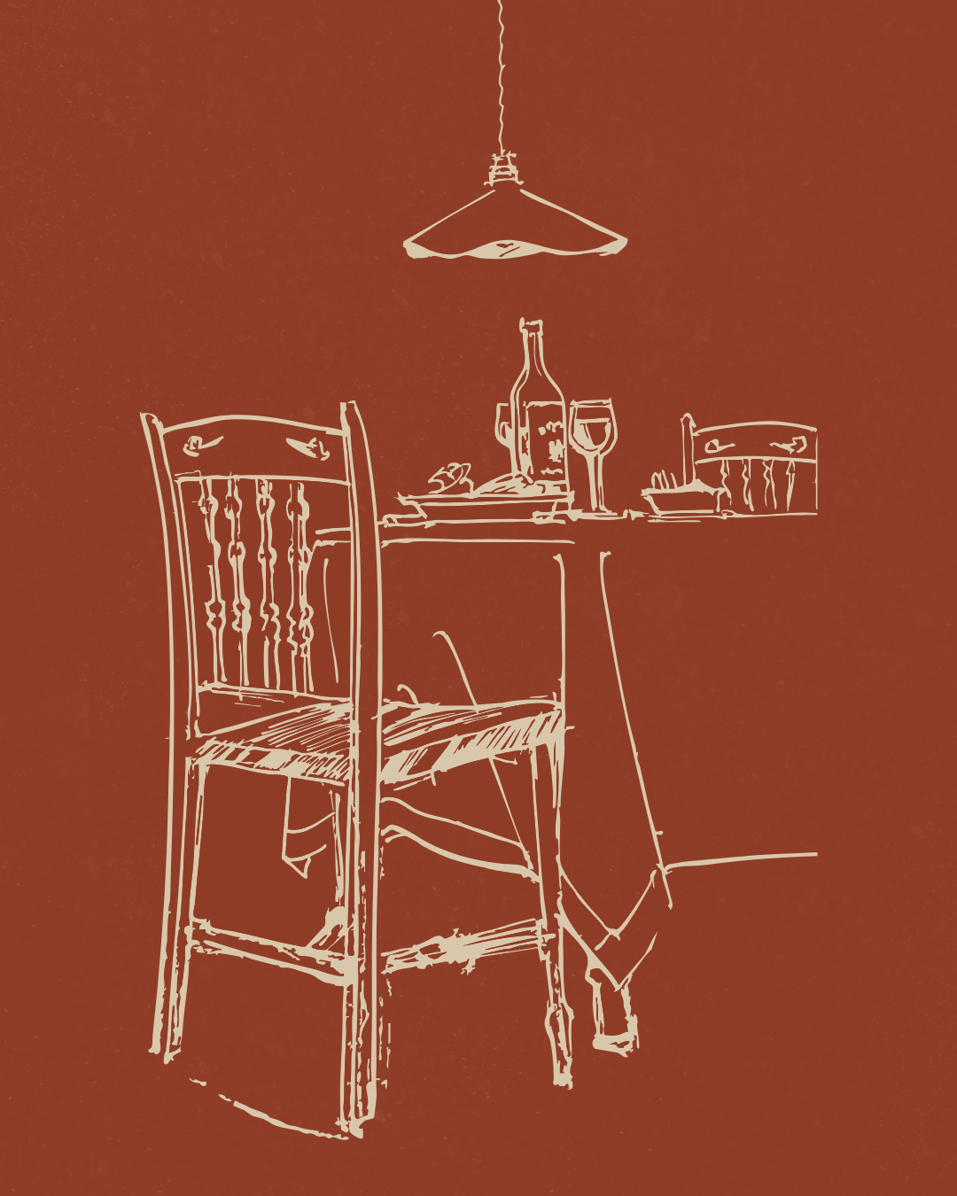 Line drawing of a dining table set with a wine bottle, a glass of wine, and plates, with two chairs and a hanging light fixture against a brown background.