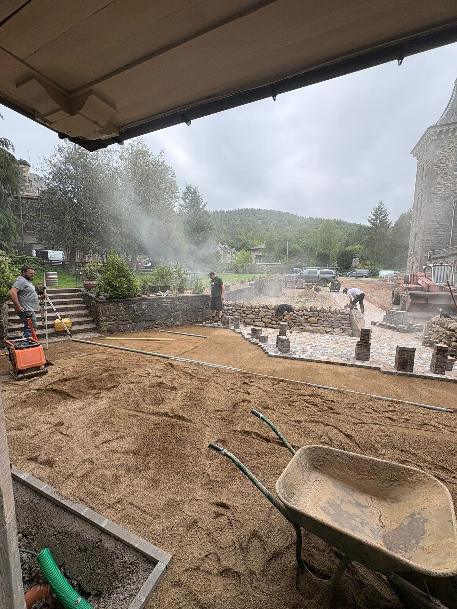 This spell of lovely weather has made it the perfect time to tackle the terrace at the Birnam Inn. After some satisfying digger work and plenty of helping hands, the old rotting decking (which turned into an ice rink every winter!) has finally been r
