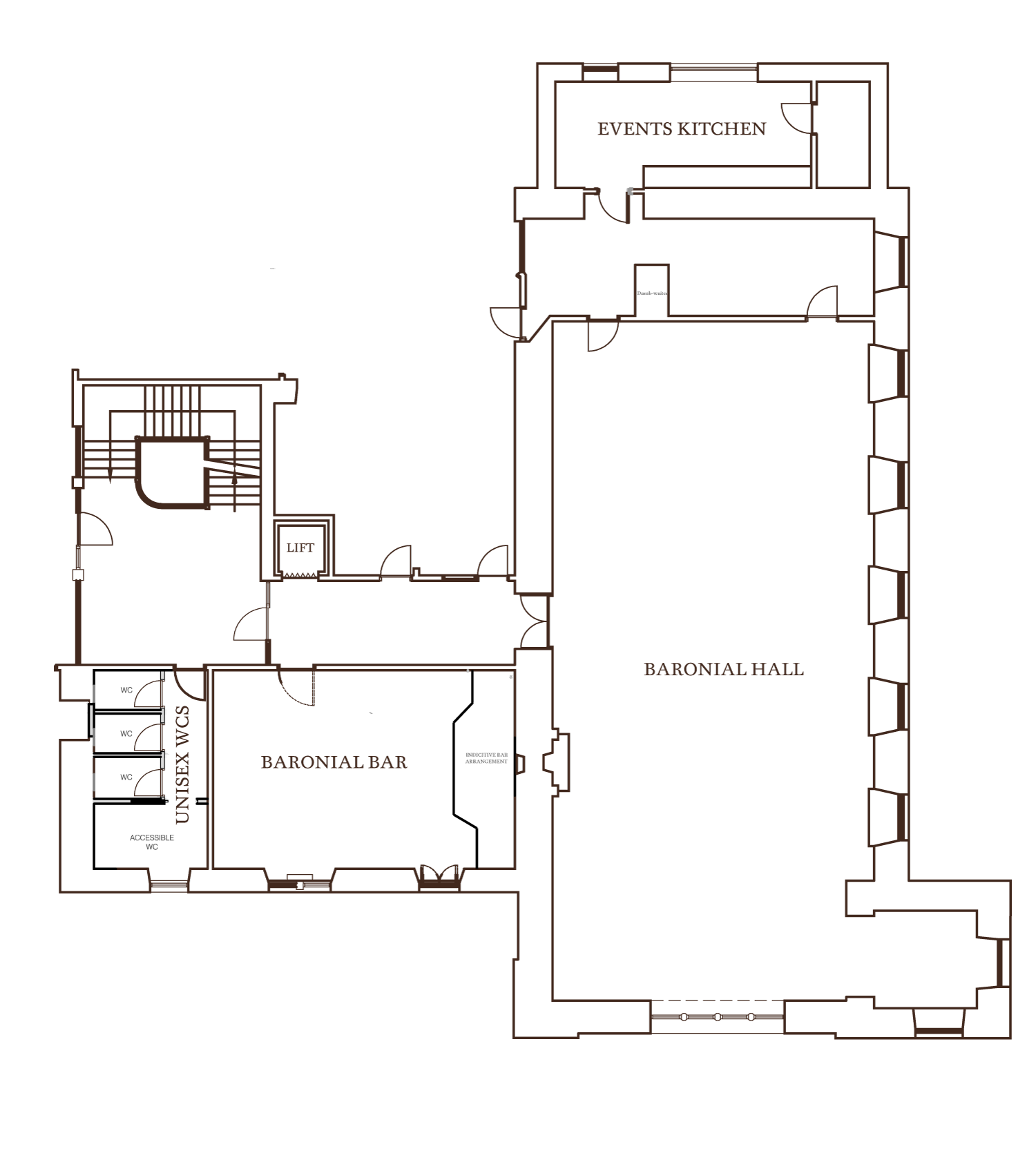 Floor plan drawing of a building with areas labeled 'Baronial Hall,' 'Baronial Bar,' and 'Unisex WC,' including staircases, an accessible restroom, and various rooms and corridors.