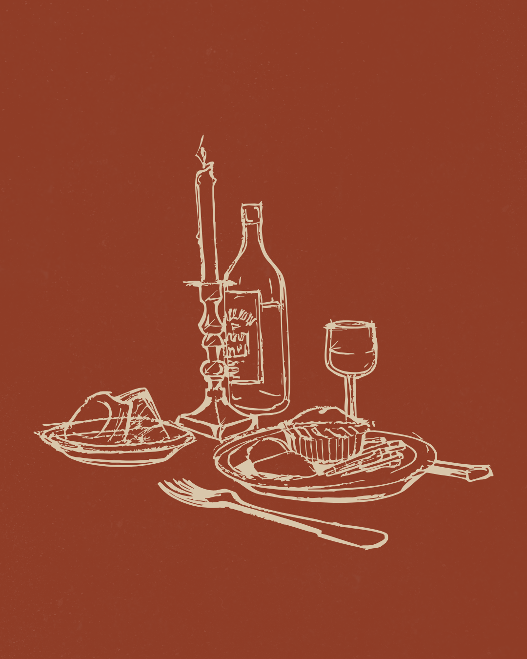 Line drawing of a dining setup with a lit candle, wine bottle, glass of red wine, plate of food, and utensils on a brown background.