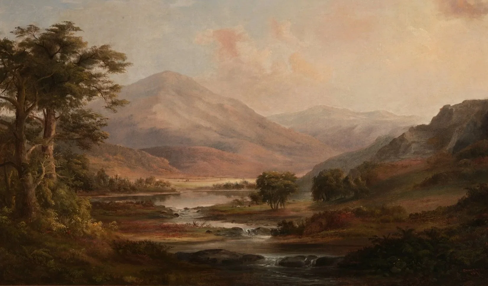 A peaceful landscape painting of a river flowing through a valley, surrounded by rolling hills and mountains in the background, with trees near the water and a soft sky overhead.