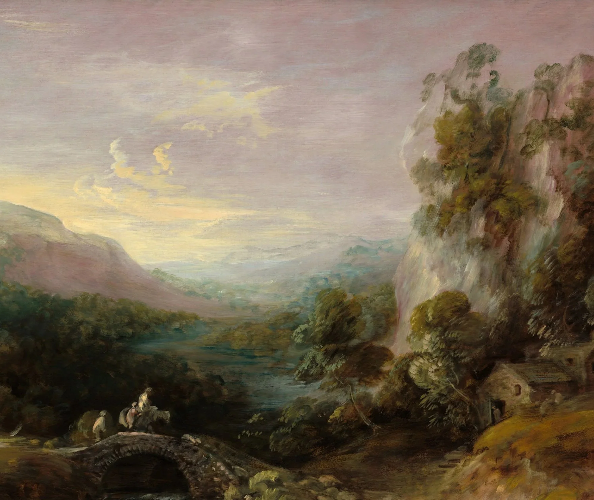 A landscape painting of a valley with a river, trees, mountains, and a cloudy sky at sunset.