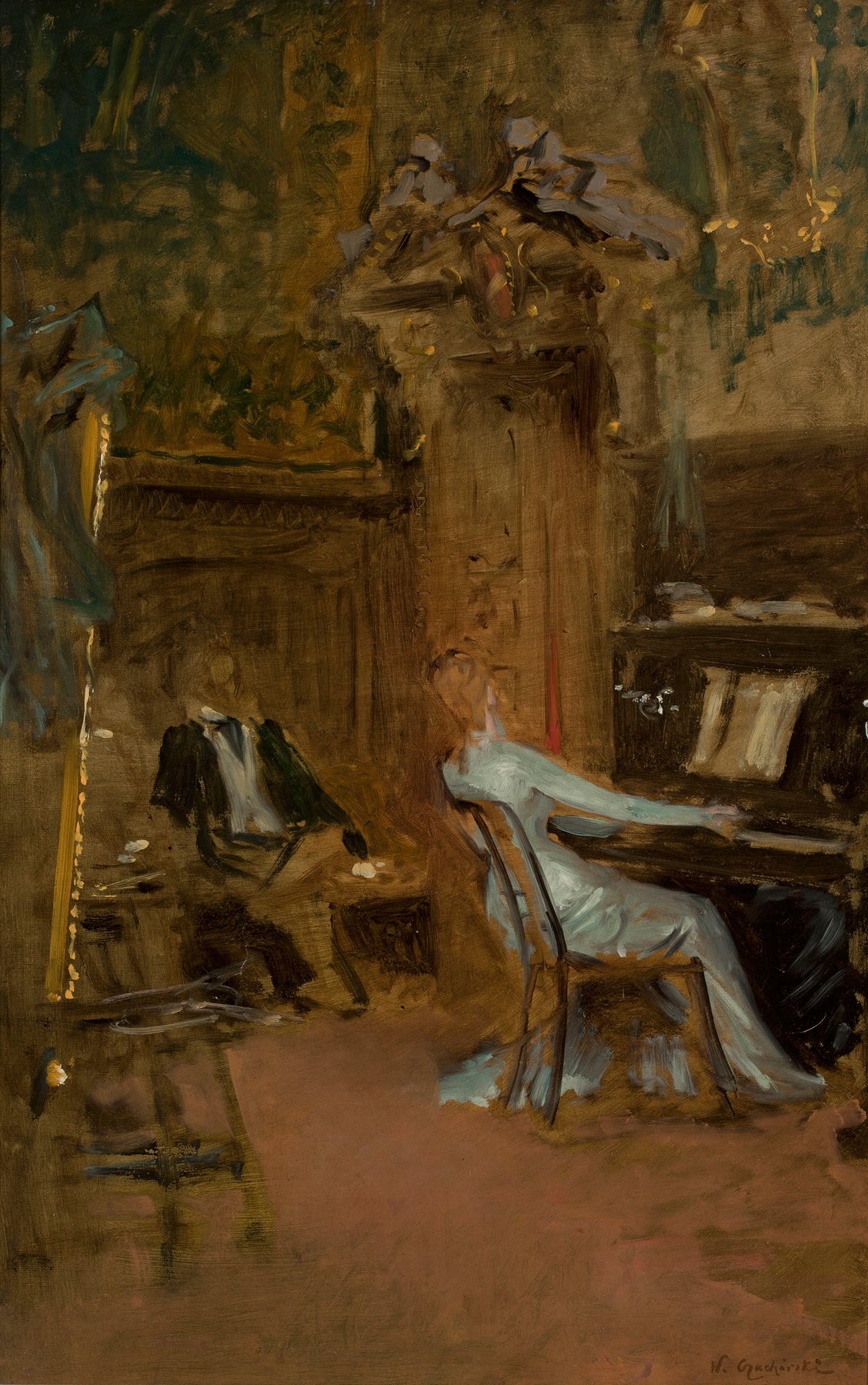 Painting of a woman in a white dress sitting at a piano in a room with wooden walls, a chair, and a painting on the wall.