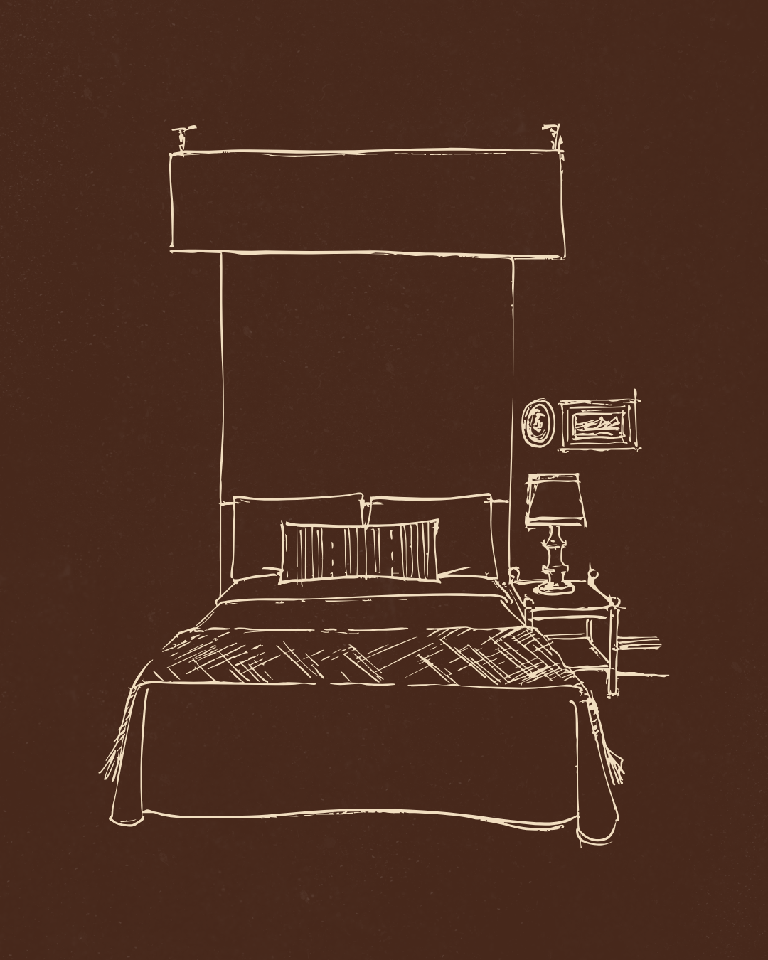 A sketch of a bedroom interior with a bed, nightstand, lamp, and wall decor on a dark background.