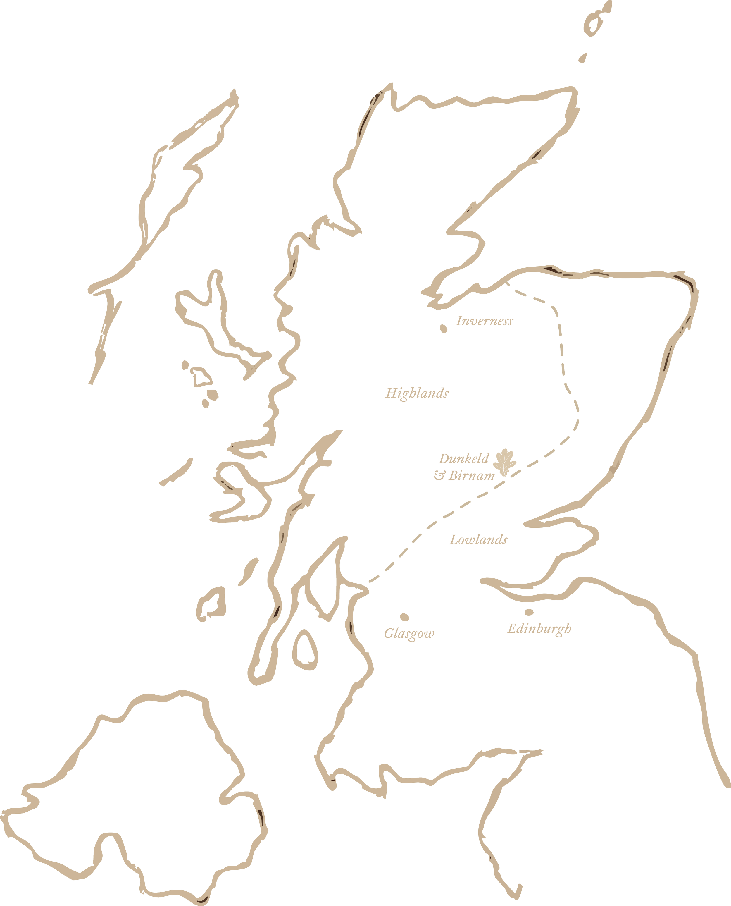 Map of Scotland with regions labeled as Inneriser, Highlands, Dunkeld & Birnam, Lowlands, Glasgow, Edinburgh, and a dotted route connecting them.